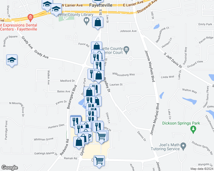 map of restaurants, bars, coffee shops, grocery stores, and more near 645 Bradley Dr in Fayetteville