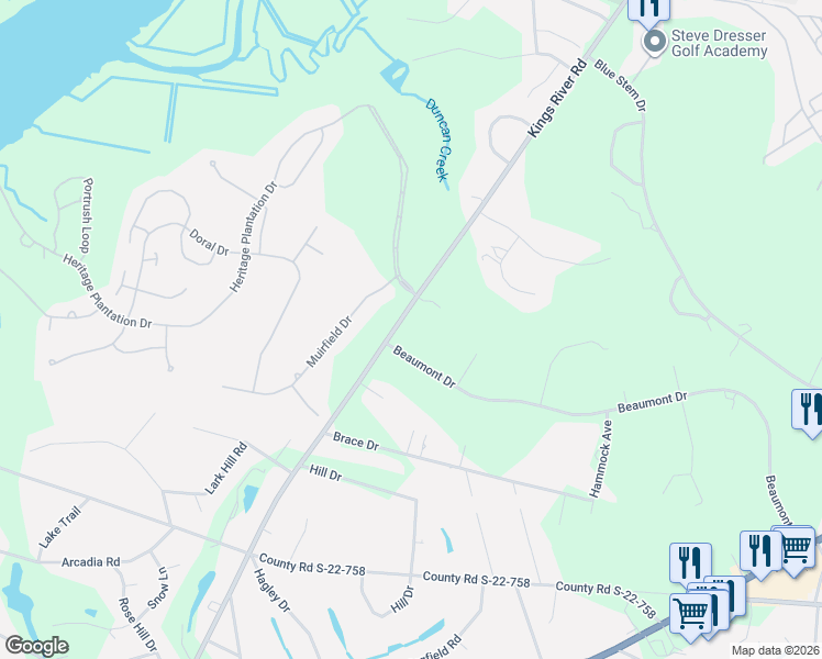 map of restaurants, bars, coffee shops, grocery stores, and more near 1225 Beaumont Drive in Pawleys Island