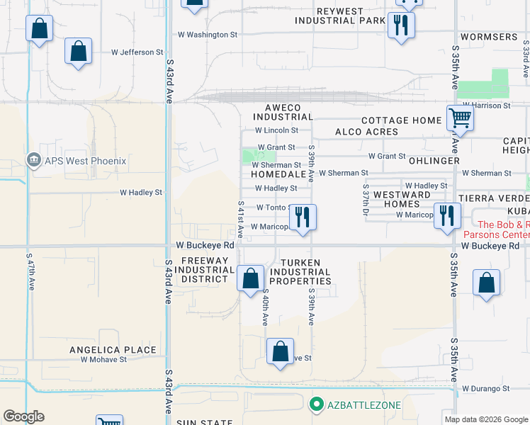 map of restaurants, bars, coffee shops, grocery stores, and more near 4010 West Maricopa Street in Phoenix