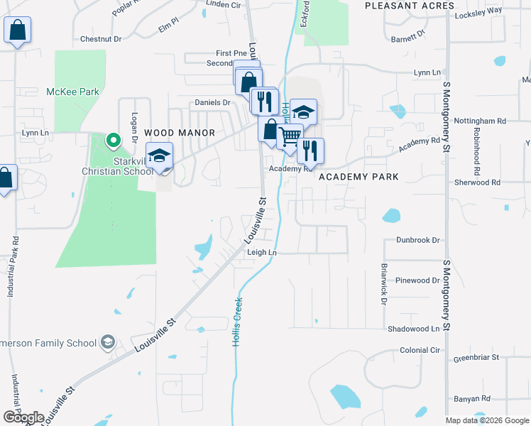 map of restaurants, bars, coffee shops, grocery stores, and more near 1257 Louisville Street in Starkville