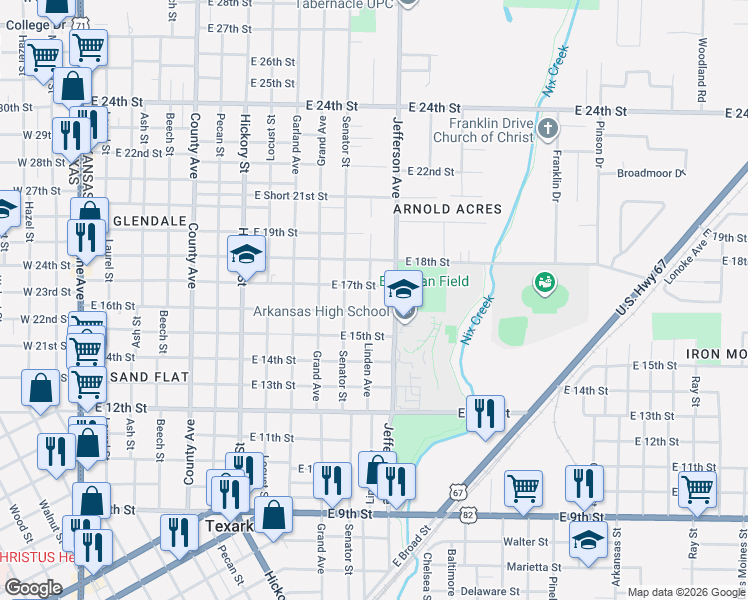 map of restaurants, bars, coffee shops, grocery stores, and more near 1522 Linden Avenue in Texarkana