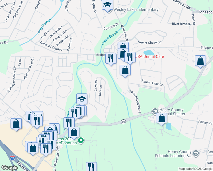 map of restaurants, bars, coffee shops, grocery stores, and more near 168 Prity Court in McDonough