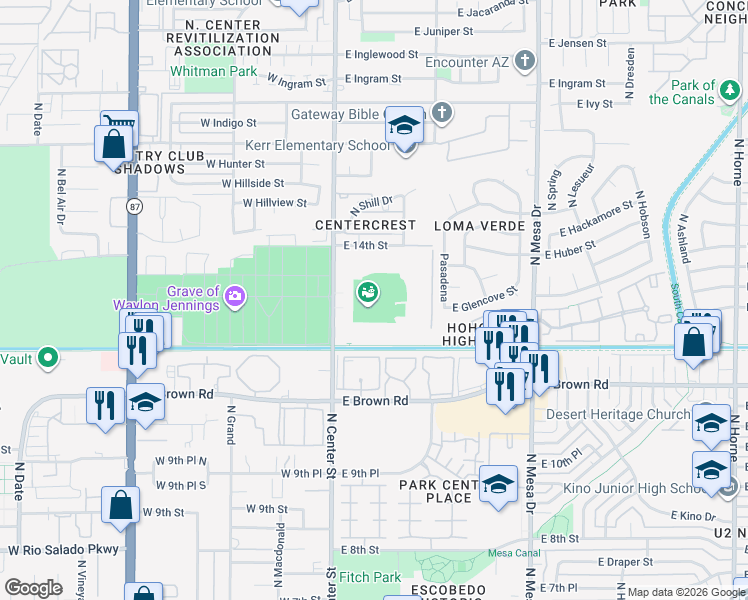 map of restaurants, bars, coffee shops, grocery stores, and more near 1235 North Center Street in Mesa