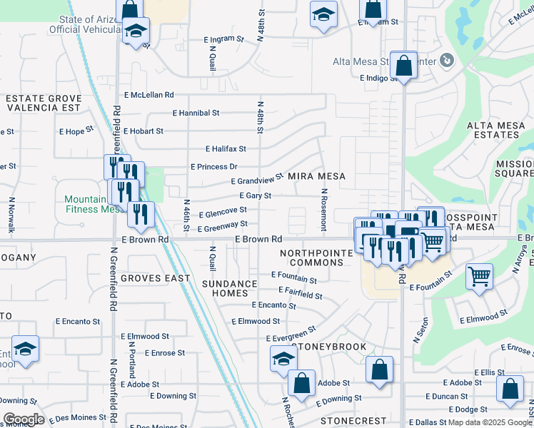 map of restaurants, bars, coffee shops, grocery stores, and more near 1231 North 48th Street in Mesa