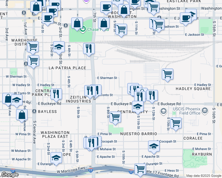 map of restaurants, bars, coffee shops, grocery stores, and more near 876 East Tonto Street in Phoenix