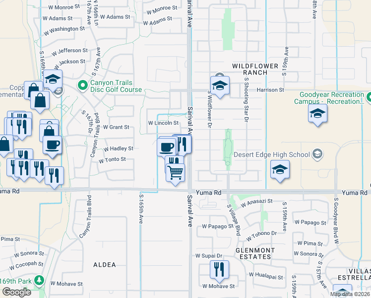 map of restaurants, bars, coffee shops, grocery stores, and more near 870 South Sarival Avenue in Goodyear