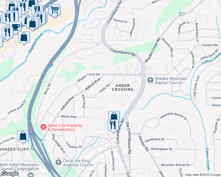 map of restaurants, bars, coffee shops, grocery stores, and more near 504 Lansdowne Place in Vestavia Hills