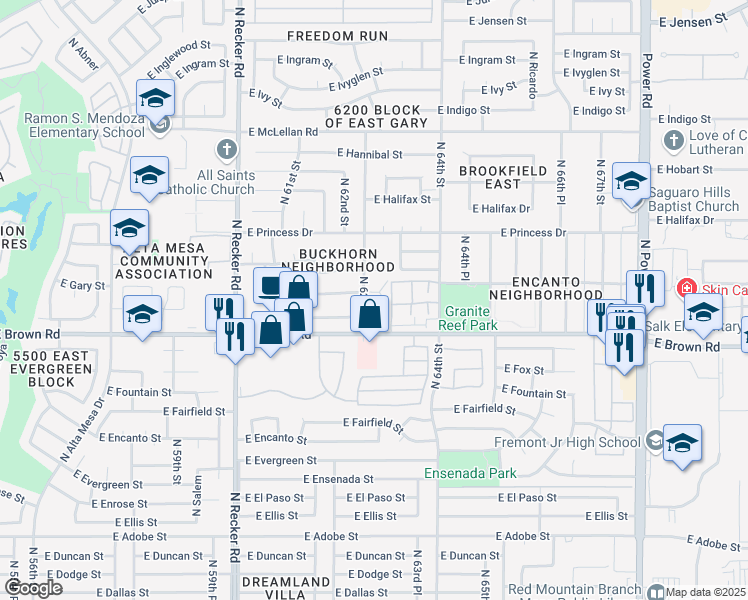 map of restaurants, bars, coffee shops, grocery stores, and more near 6238 East Greenway Circle in Mesa