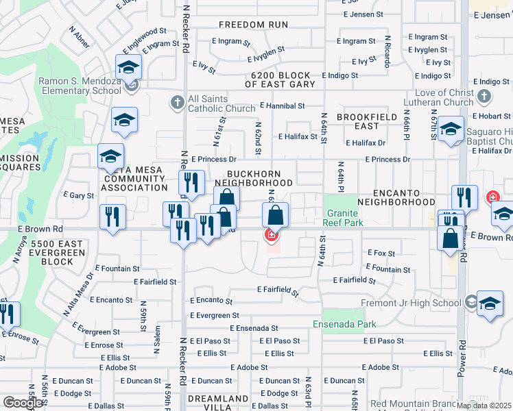 map of restaurants, bars, coffee shops, grocery stores, and more near 6164 East Greenway Street in Mesa