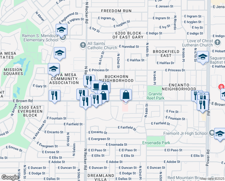 map of restaurants, bars, coffee shops, grocery stores, and more near 6164 East Greenway Street in Mesa