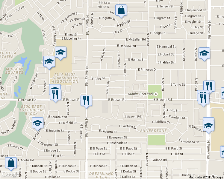 map of restaurants, bars, coffee shops, grocery stores, and more near 6164 East Greenway Street in Mesa