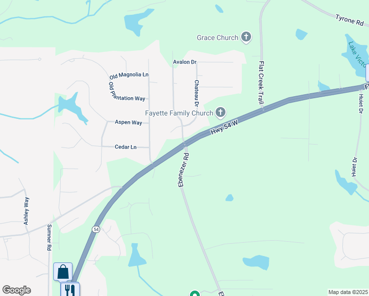 map of restaurants, bars, coffee shops, grocery stores, and more near 1746 Georgia 54 in Fayetteville