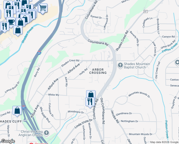 map of restaurants, bars, coffee shops, grocery stores, and more near 612 Longwood Place in Vestavia Hills