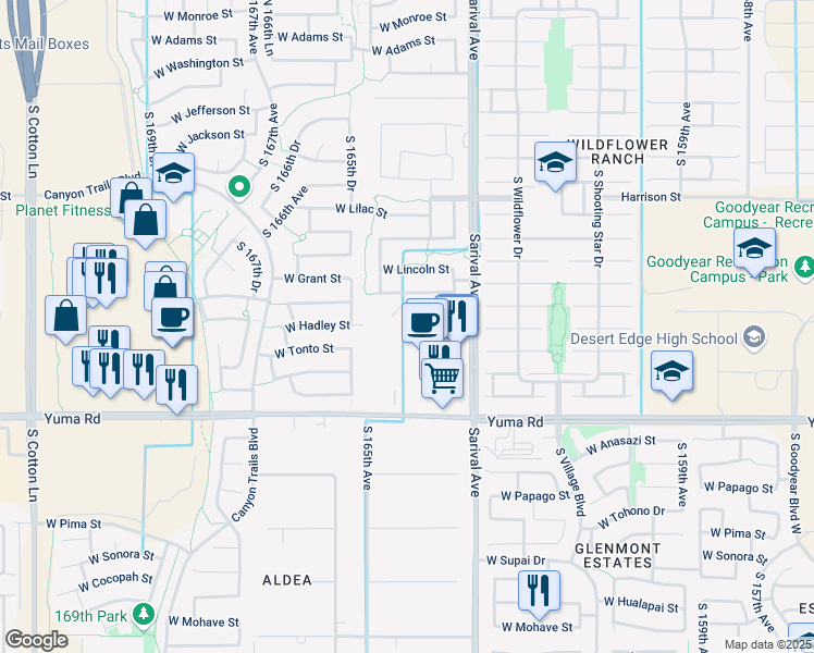 map of restaurants, bars, coffee shops, grocery stores, and more near 870 South Sarival Avenue in Goodyear