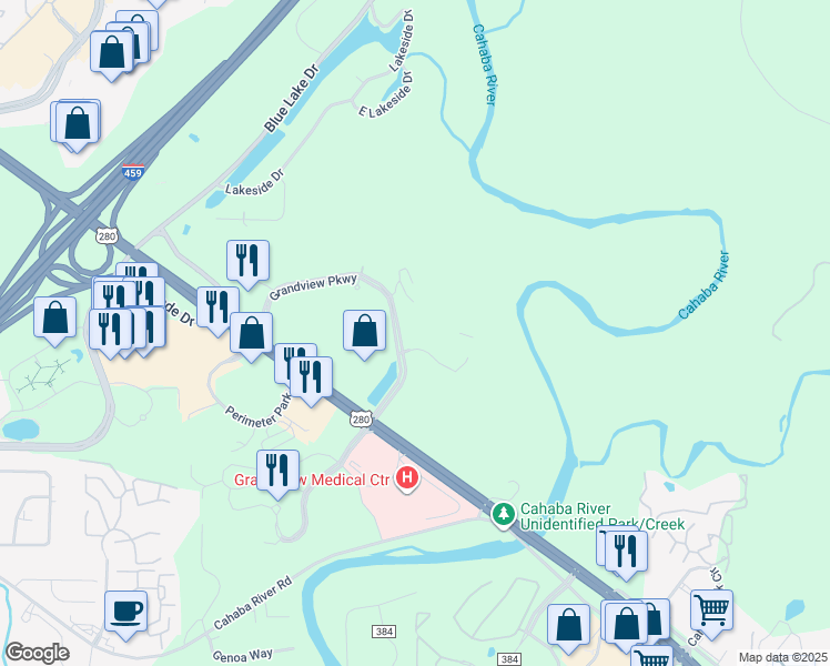 map of restaurants, bars, coffee shops, grocery stores, and more near 3570 Grandview Parkway in Birmingham