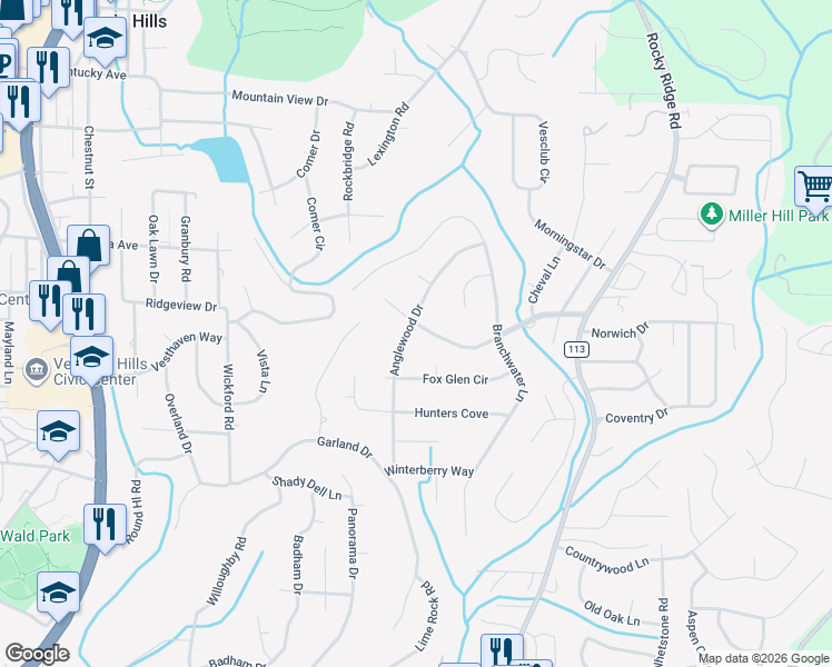 map of restaurants, bars, coffee shops, grocery stores, and more near 1341 Anglewood Drive in Vestavia Hills