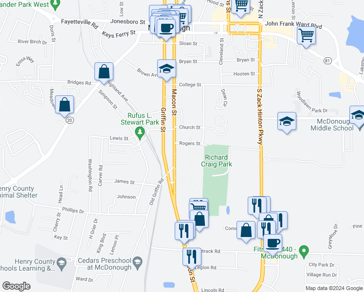 map of restaurants, bars, coffee shops, grocery stores, and more near 345 Rogers Street in McDonough