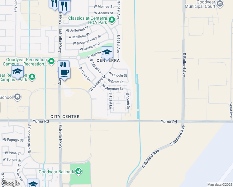 map of restaurants, bars, coffee shops, grocery stores, and more near 15130 West Hadley Street in Goodyear