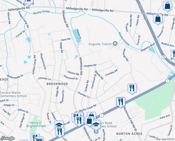 map of restaurants, bars, coffee shops, grocery stores, and more near 2384 Wheeless Road in Augusta