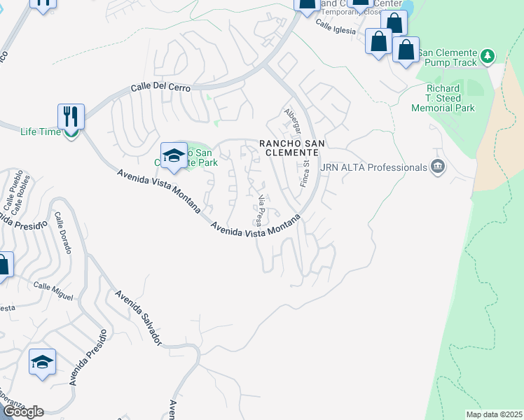 map of restaurants, bars, coffee shops, grocery stores, and more near 205 Via Presa in San Clemente