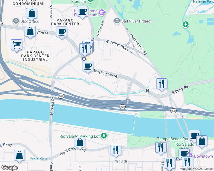 map of restaurants, bars, coffee shops, grocery stores, and more near 1003 West Washington Street in Tempe