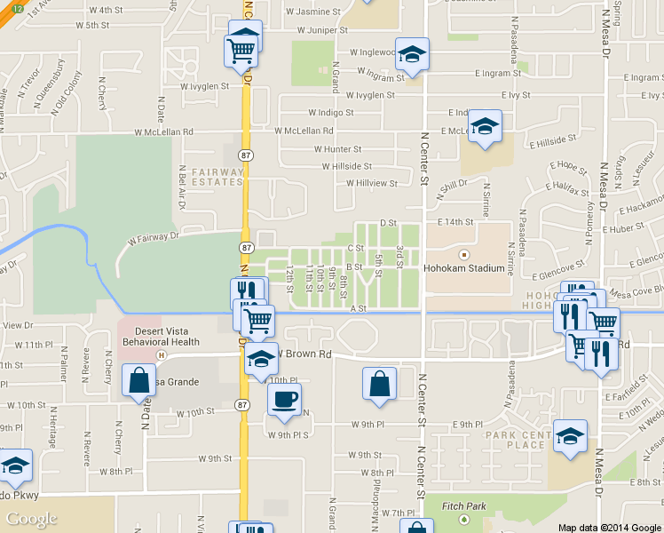 map of restaurants, bars, coffee shops, grocery stores, and more near 9th Street in Mesa