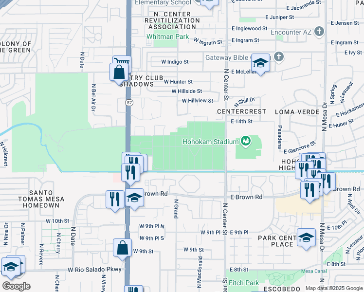map of restaurants, bars, coffee shops, grocery stores, and more near 8th Street in Mesa