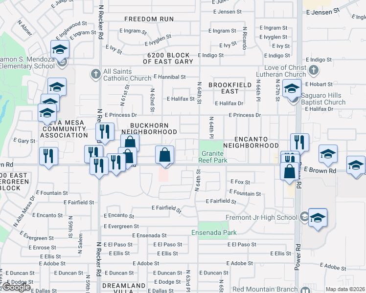 map of restaurants, bars, coffee shops, grocery stores, and more near 6328 East Brown Road in Mesa