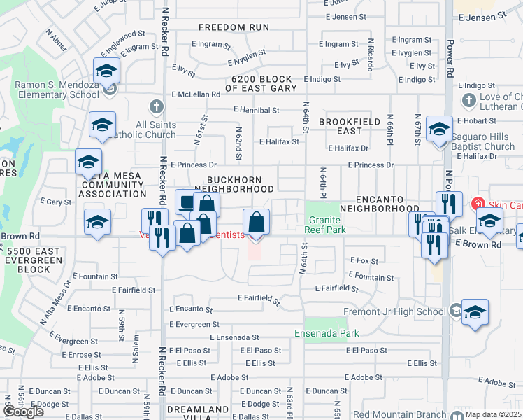 map of restaurants, bars, coffee shops, grocery stores, and more near 6238 East Greenway Circle in Mesa