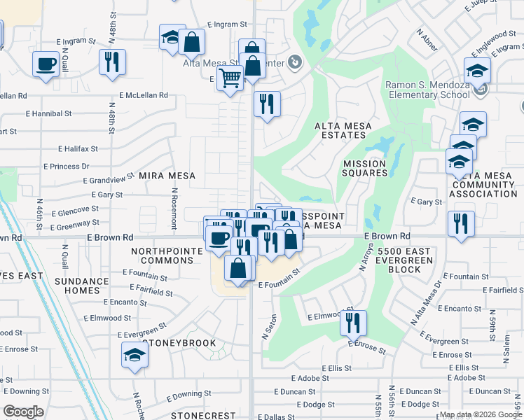 map of restaurants, bars, coffee shops, grocery stores, and more near in Mesa