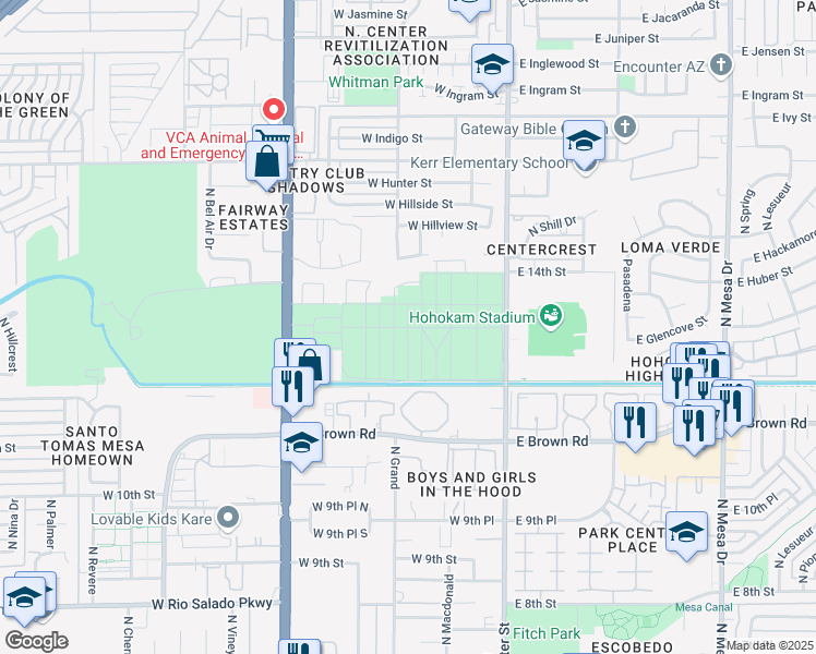 map of restaurants, bars, coffee shops, grocery stores, and more near 9th Street in Mesa