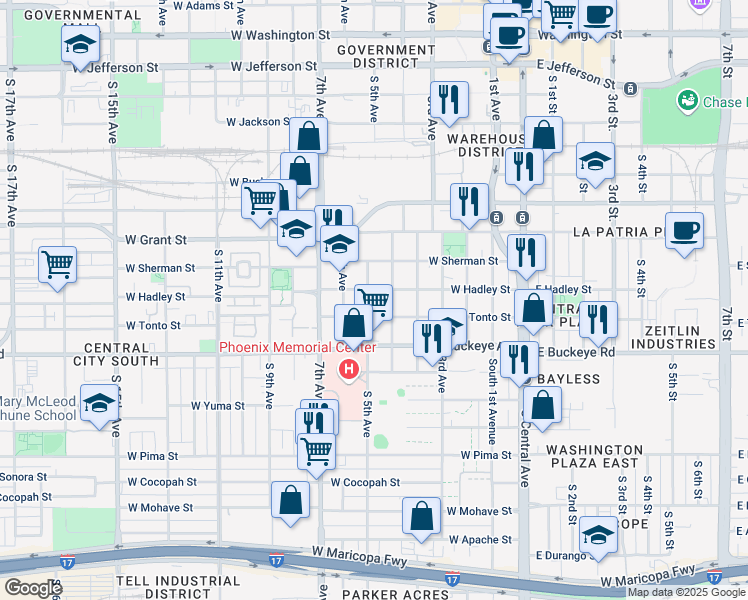 map of restaurants, bars, coffee shops, grocery stores, and more near 1001 South 5th Avenue in Phoenix