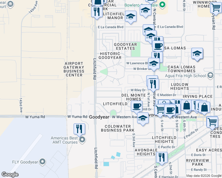 map of restaurants, bars, coffee shops, grocery stores, and more near 140 East Buena Vista Avenue in Goodyear