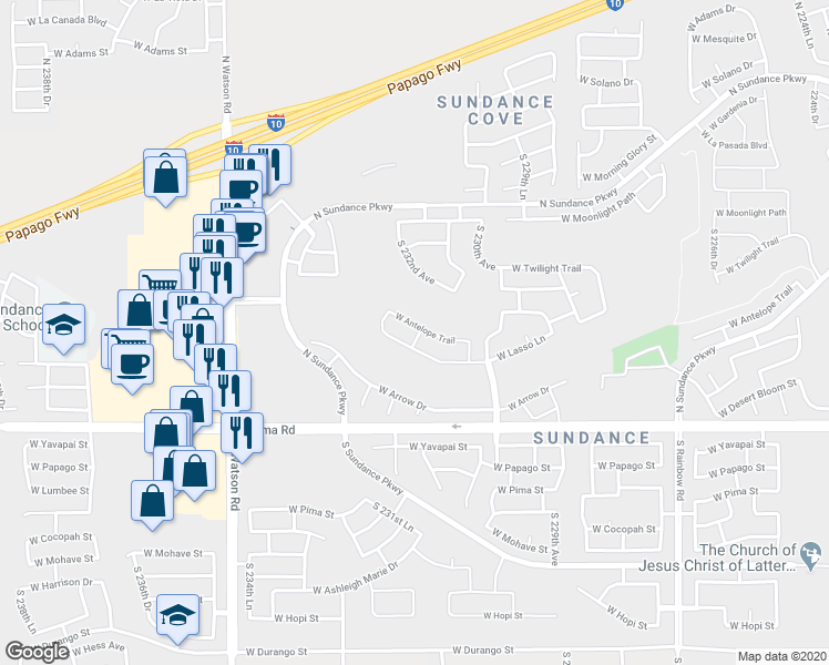 map of restaurants, bars, coffee shops, grocery stores, and more near 23165 West Antelope Trail in Buckeye