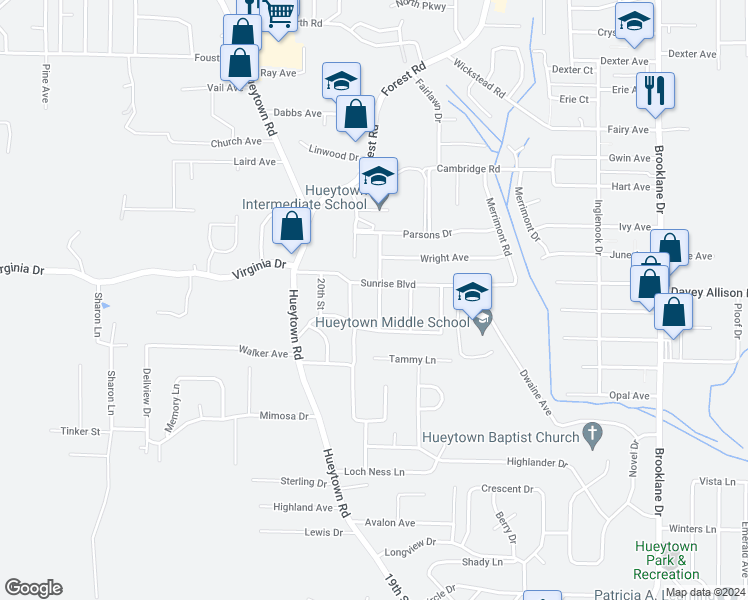 map of restaurants, bars, coffee shops, grocery stores, and more near 152 22nd Street in Hueytown