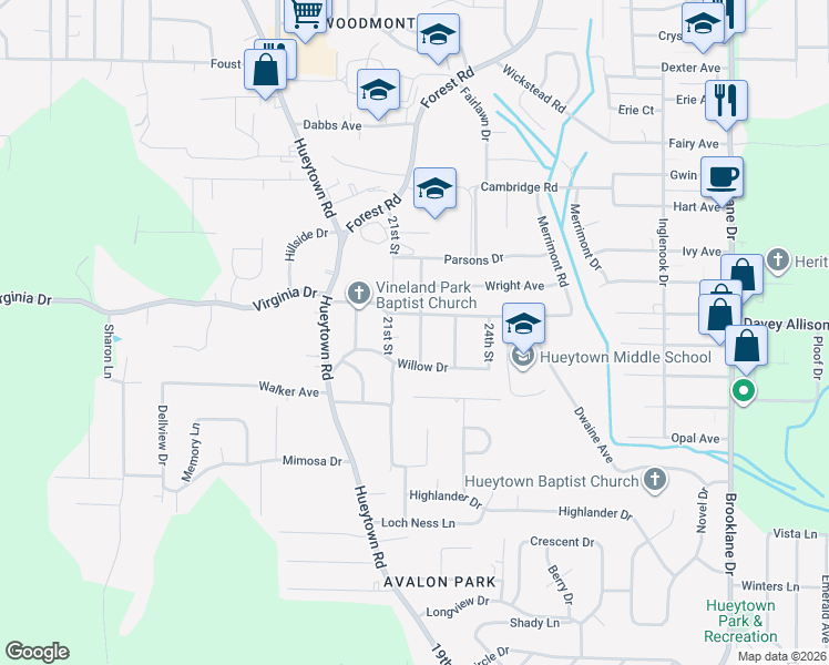 map of restaurants, bars, coffee shops, grocery stores, and more near 162 22nd Street in Hueytown