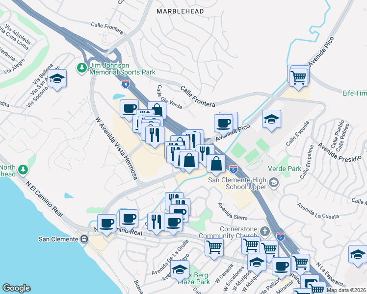 map of restaurants, bars, coffee shops, grocery stores, and more near 515 E Avenida Pico in San Clemente
