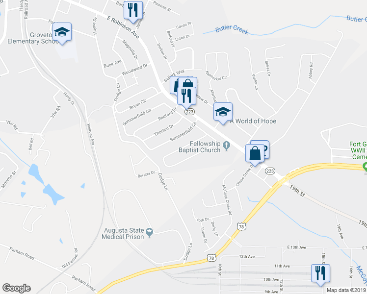 map of restaurants, bars, coffee shops, grocery stores, and more near 219 Taylor Circle in Grovetown