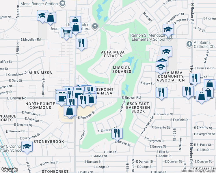 map of restaurants, bars, coffee shops, grocery stores, and more near 5345 East McLellan Road in Mesa