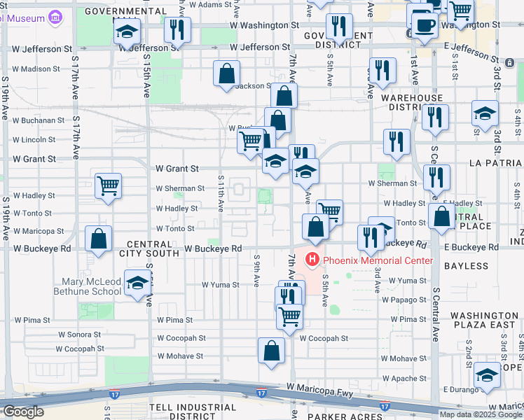 map of restaurants, bars, coffee shops, grocery stores, and more near 840 West Tonto Street in Phoenix