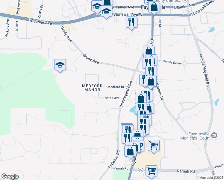 map of restaurants, bars, coffee shops, grocery stores, and more near 155 Medford Drive in Fayetteville