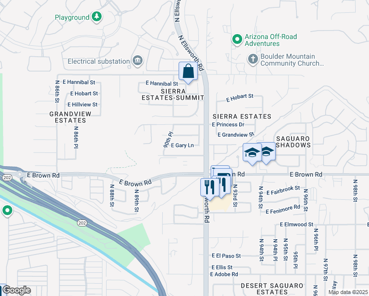 map of restaurants, bars, coffee shops, grocery stores, and more near 9107 East Gary Lane in Mesa