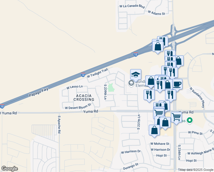 map of restaurants, bars, coffee shops, grocery stores, and more near 863 South 239th Lane in Buckeye