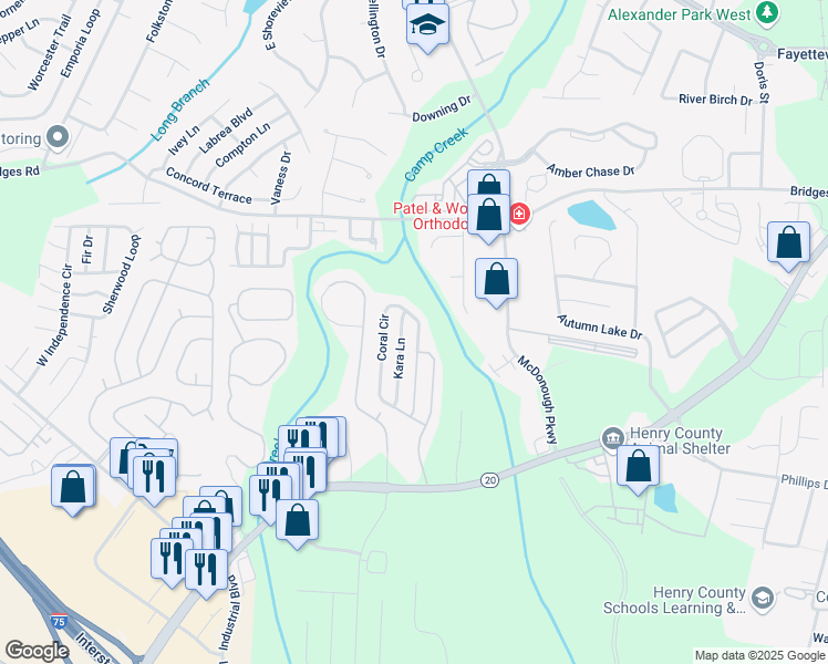 map of restaurants, bars, coffee shops, grocery stores, and more near 322 Coral Circle in McDonough