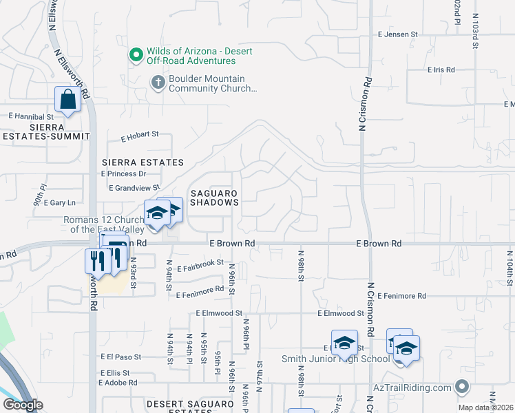 map of restaurants, bars, coffee shops, grocery stores, and more near 9640 East Golden Street in Mesa
