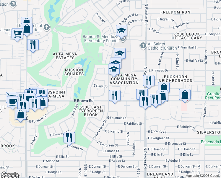 map of restaurants, bars, coffee shops, grocery stores, and more near 1407 North Alta Mesa Drive in Mesa