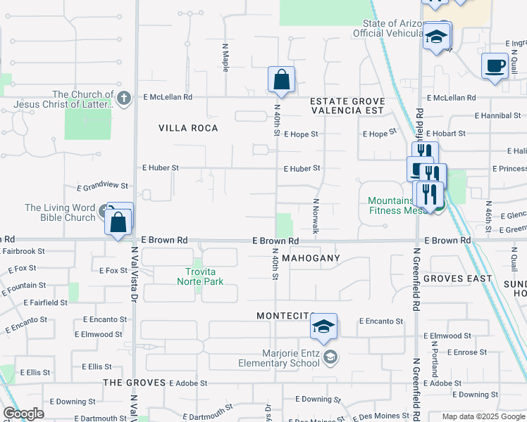 map of restaurants, bars, coffee shops, grocery stores, and more near 1330 North 40th Street in Mesa