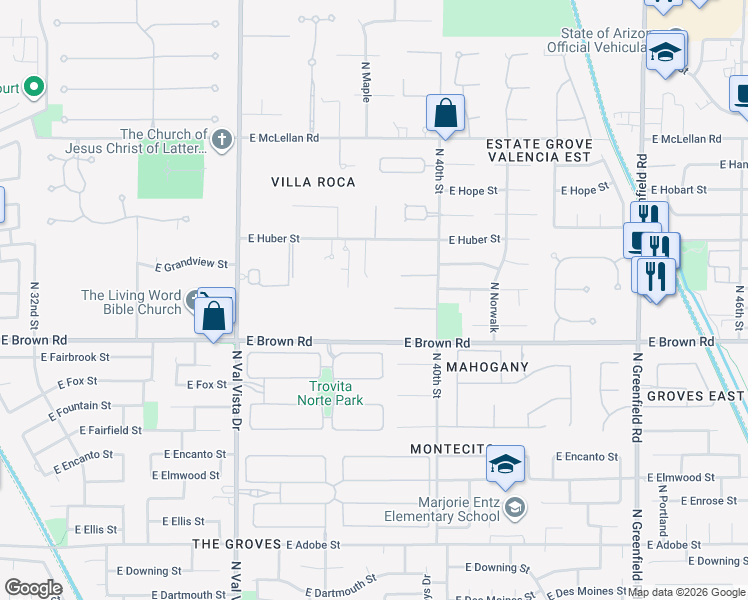 map of restaurants, bars, coffee shops, grocery stores, and more near 3910 East Greenway Circle in Mesa