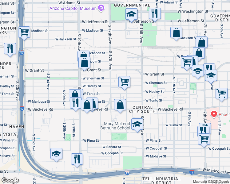 map of restaurants, bars, coffee shops, grocery stores, and more near 901 South 17th Avenue in Phoenix