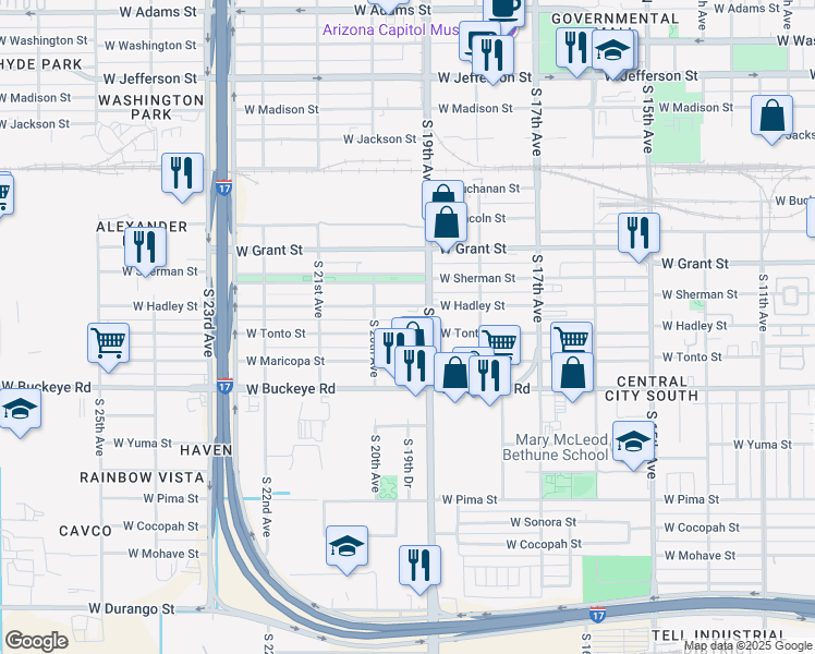 map of restaurants, bars, coffee shops, grocery stores, and more near 1918 West Hadley Street in Phoenix